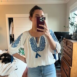 JCrew linen blouse with floral embroidery